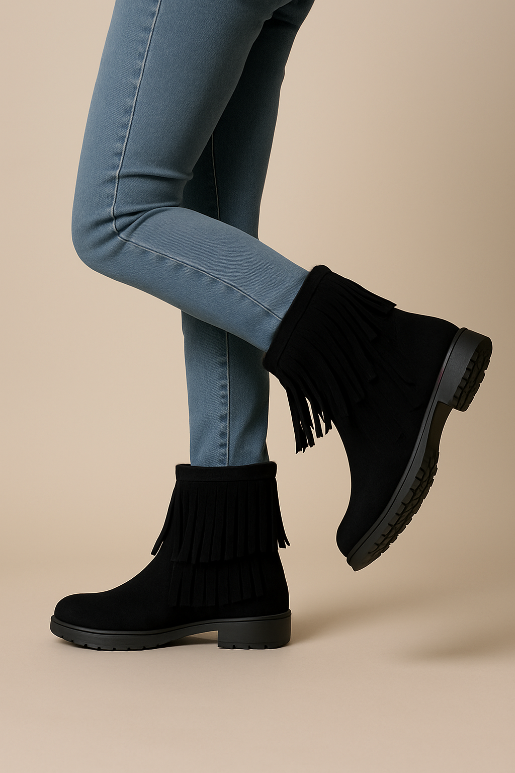 Black Suede Fringe Ankle Boots