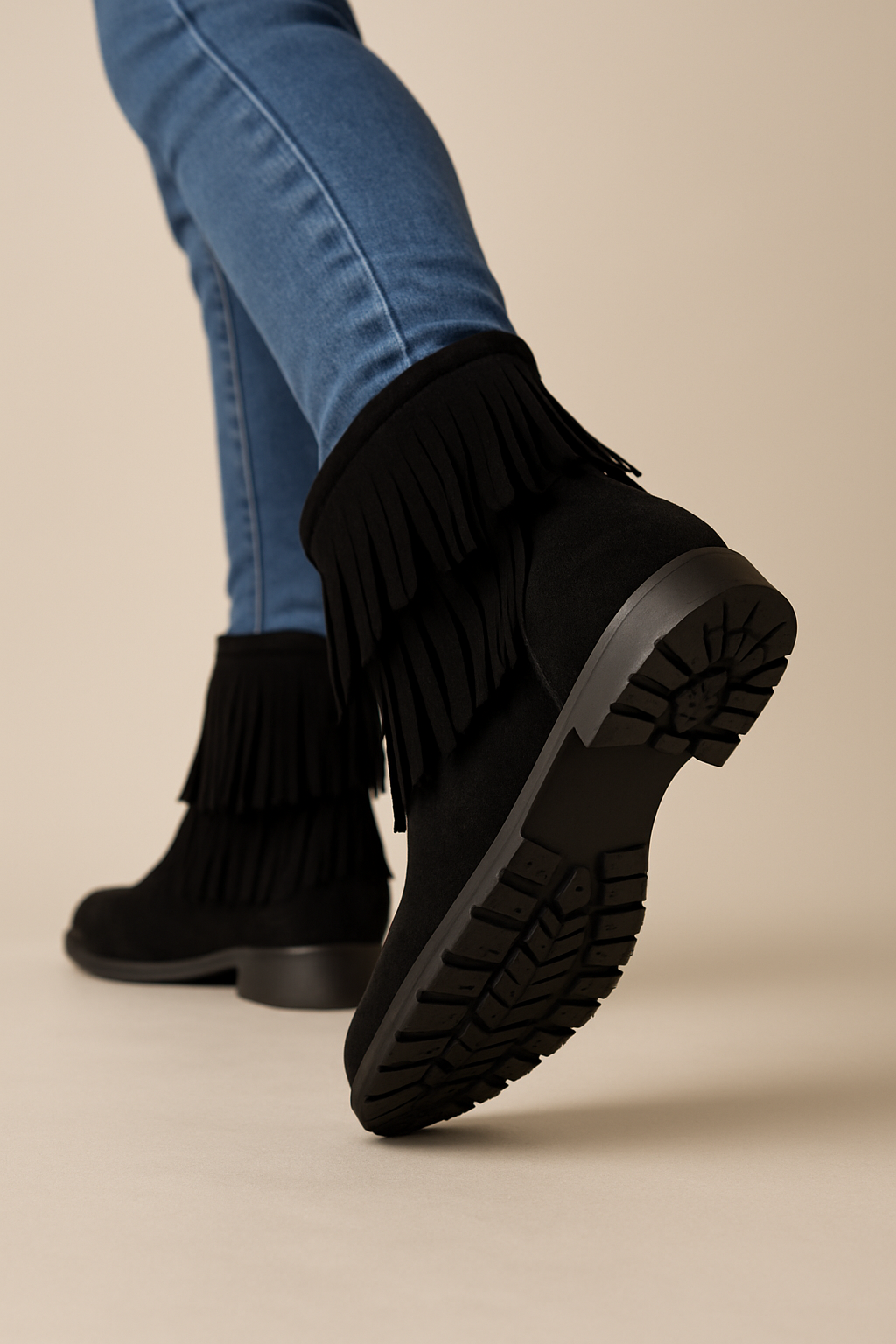 Black Suede Fringe Ankle Boots