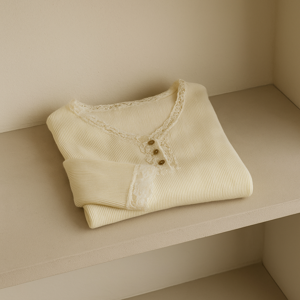 Ribbed Long Sleeve Top with Lace Trim